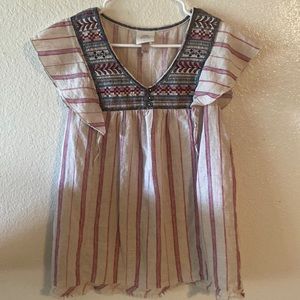 Knox Rose size L, cap sleeve, v-neck, pink, blue, dark maroon, striped blouse.